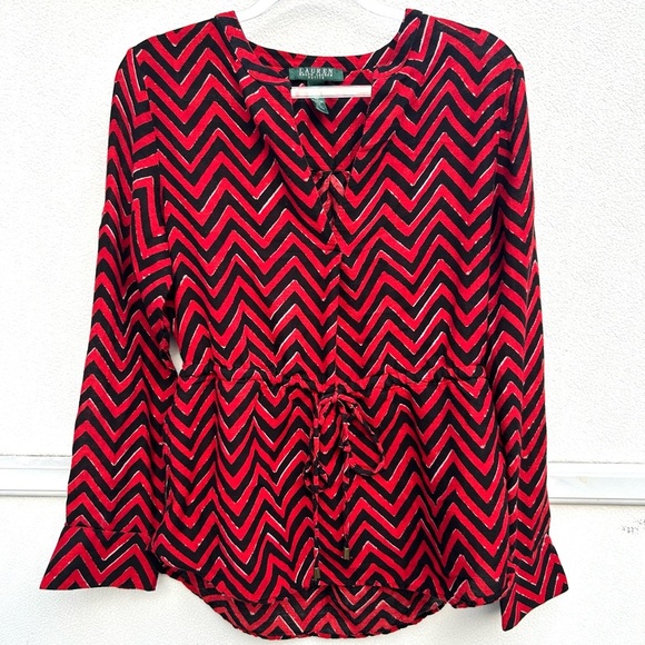 Lauren Ralph Lauren WOMENS Blouse M Chevron Red/black Dressy Going Out Top - Picture 2 of 14